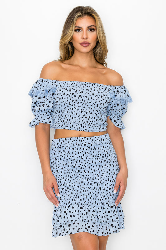 Smocking Ruffled Printed Top & Skirt Set