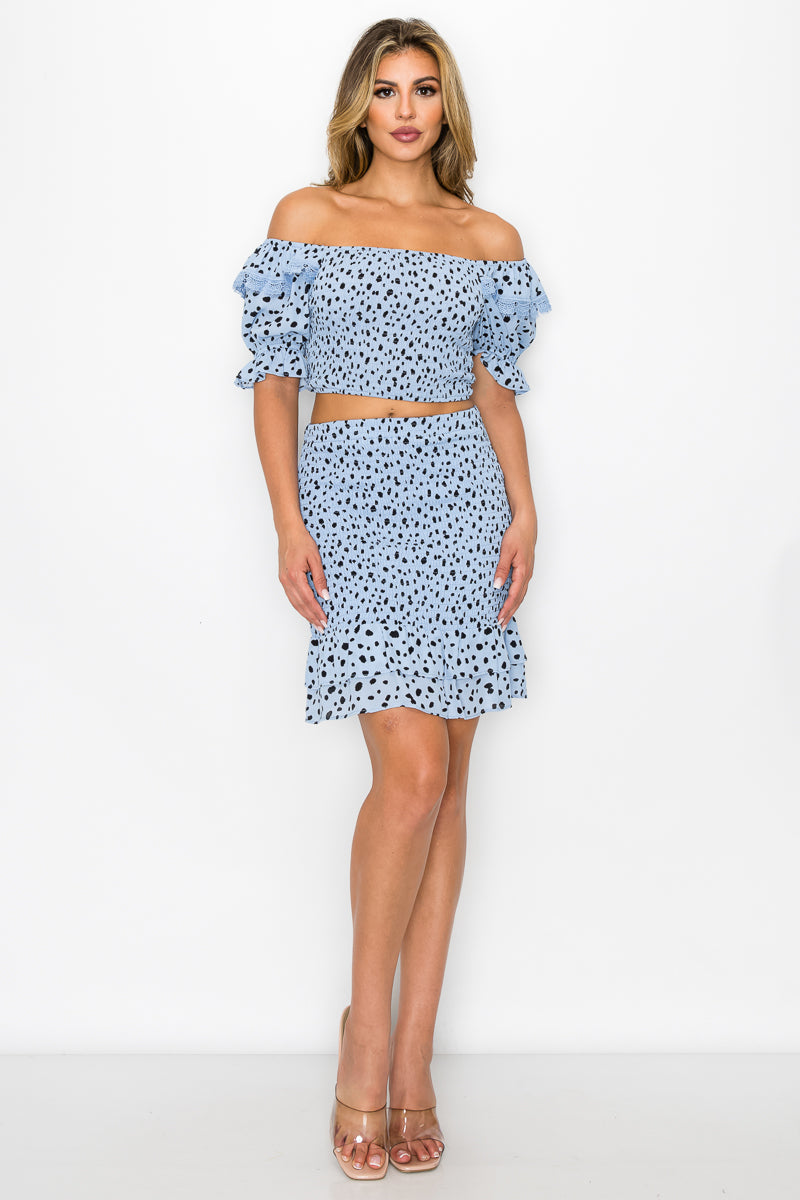 Smocking Ruffled Printed Top & Skirt Set