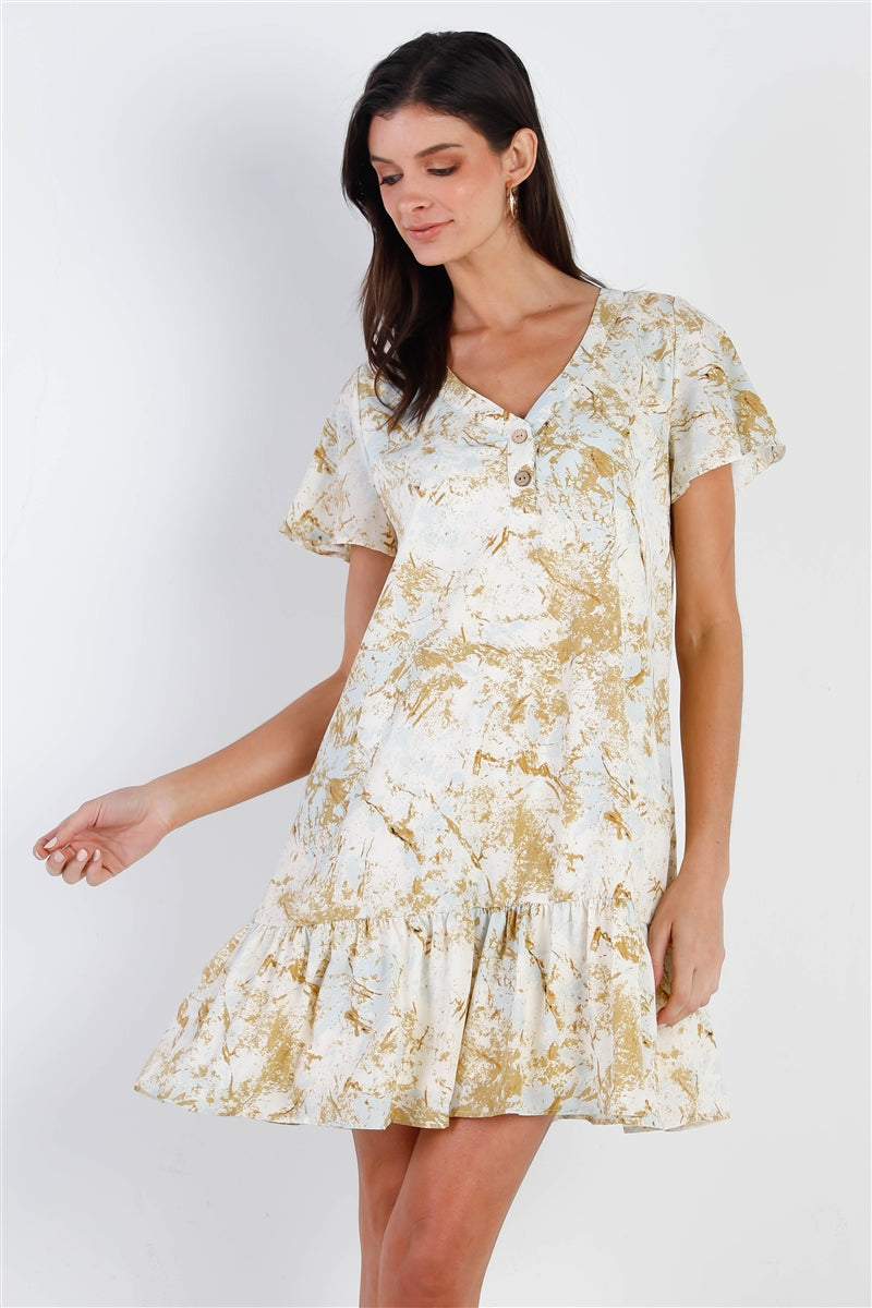 Olive & Taupe Color Paint Print Ruffle Hem Button Up Detail Mini Dress Fem Finesse Olive & Taupe Color Paint Print Ruffle Hem Button Up Detail Mini Dress Fem Finesse