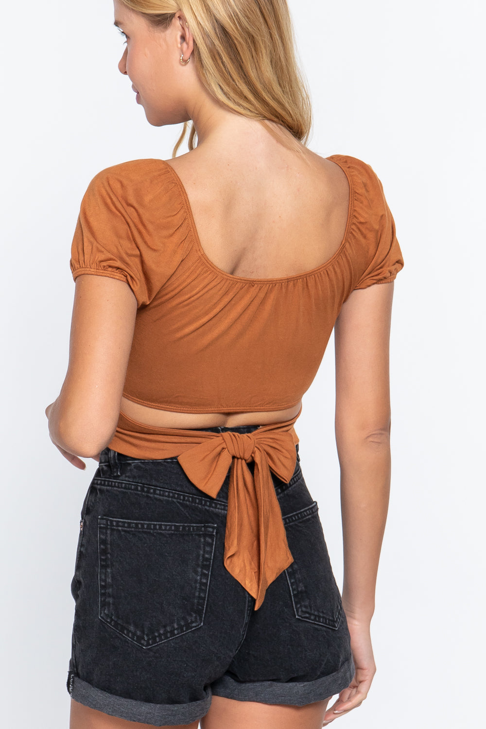 Short Sleeve Back Tie Crop Knit Top