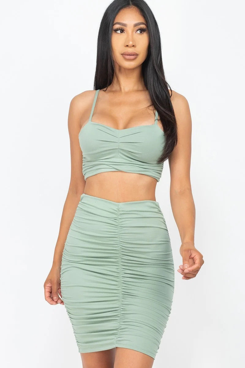 Ruched Crop Top And Skirt Set