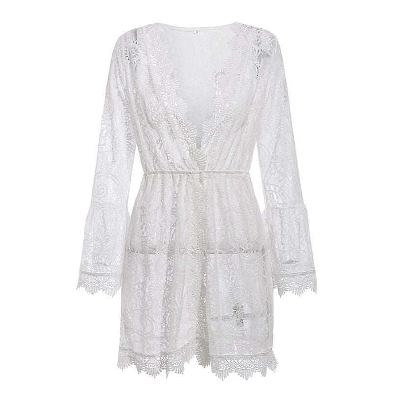 Crochet Sheer Bikini Cover Up White Swimsuit Cover-Up