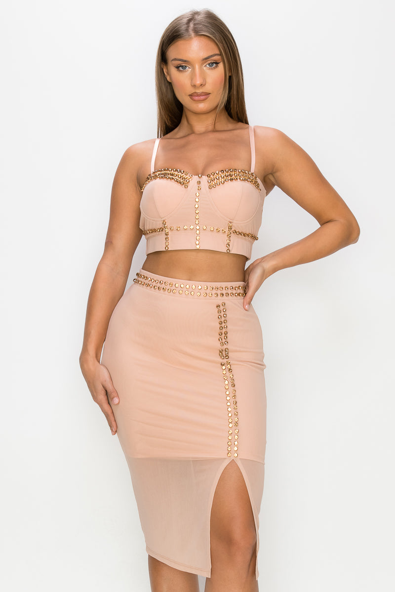 Studded Stone Cami Top & Slit Mini Skirt Set