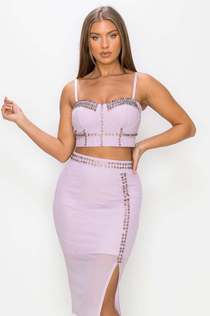 Studded Stone Cami Top & Slit Mini Skirt Set