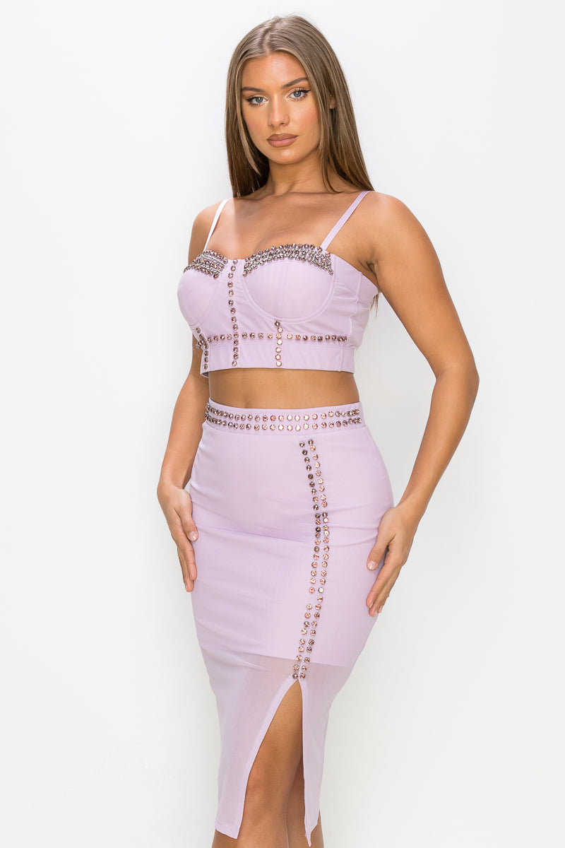 Studded Stone Cami Top & Slit Mini Skirt Set