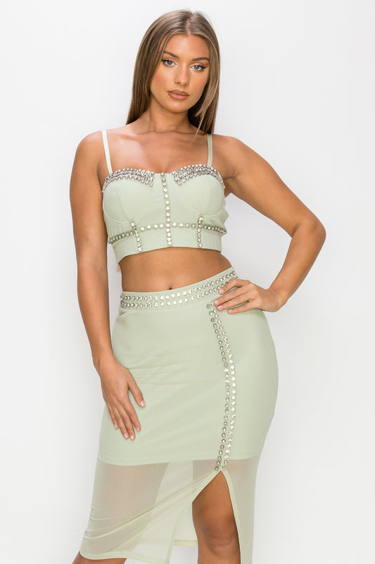 Studded Stone Cami Top & Slit Mini Skirt Set