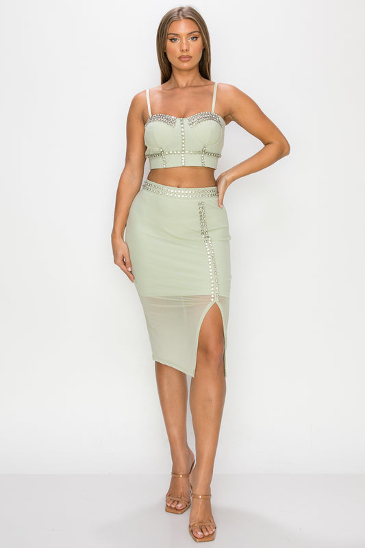 Studded Stone Cami Top & Slit Mini Skirt Set