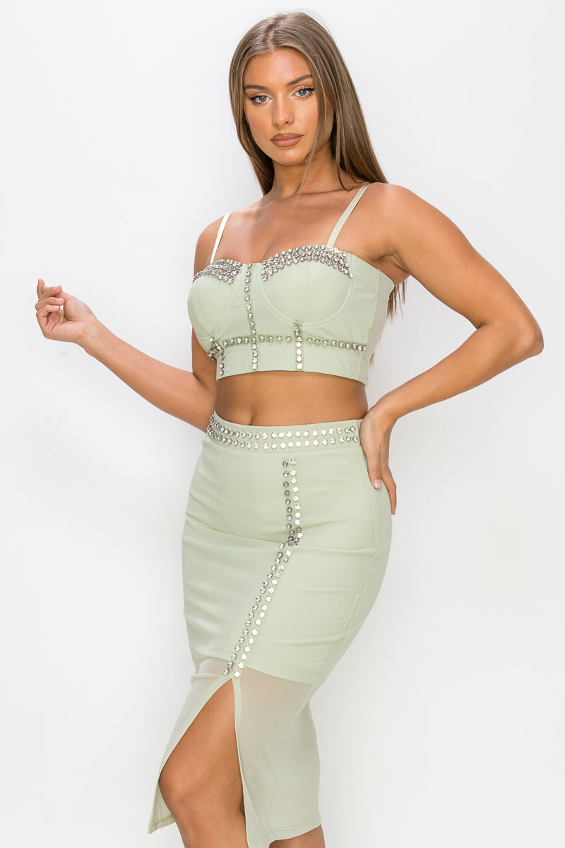 Studded Stone Cami Top & Slit Mini Skirt Set