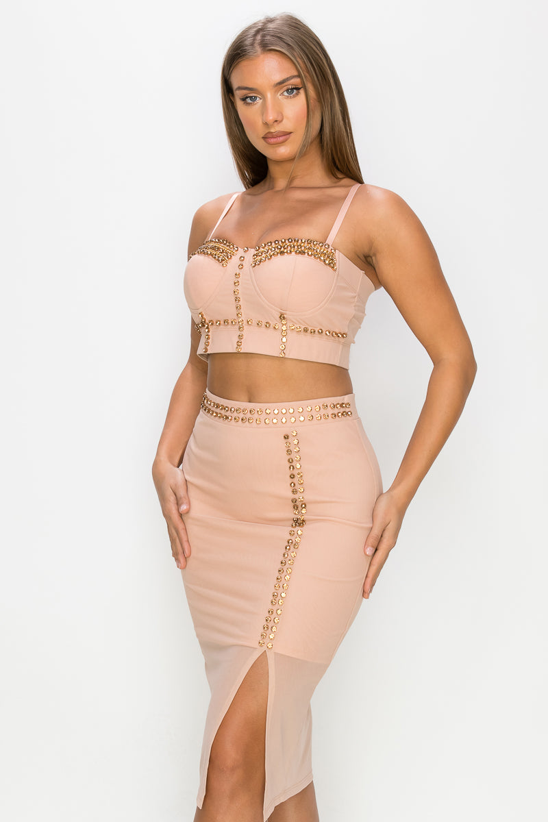 Studded Stone Cami Top & Slit Mini Skirt Set