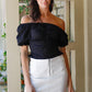 Textured Ruched Detail Smocked Back Short Balloon Sleeve Crop Top