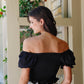 Textured Ruched Detail Smocked Back Short Balloon Sleeve Crop Top
