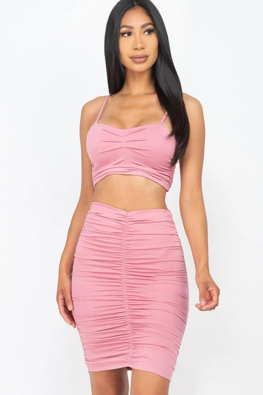 Ruched Crop Top And Skirt Set