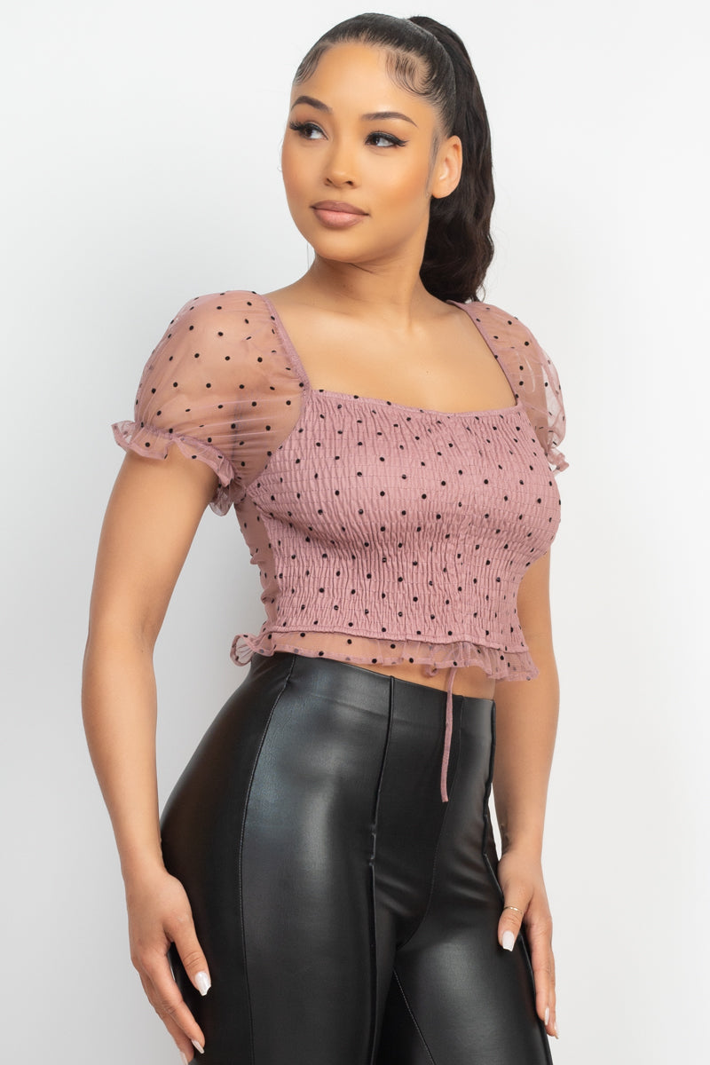 Smocking Ruched Dotted Crop Top