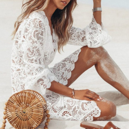 Crochet Sheer Bikini Cover Up White Swimsuit Cover-Up